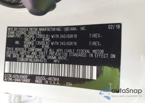 2018 Toyota Highlander Le Plus z USA, uszkodzony, nr VIN 5TDBZRFH8JS844513